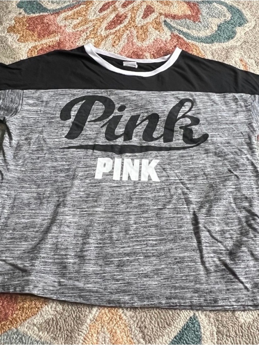 PINK Victoria's Secret Black & Gray Logo Short Sleeve Tee with White Trim - Picture 3 of 8